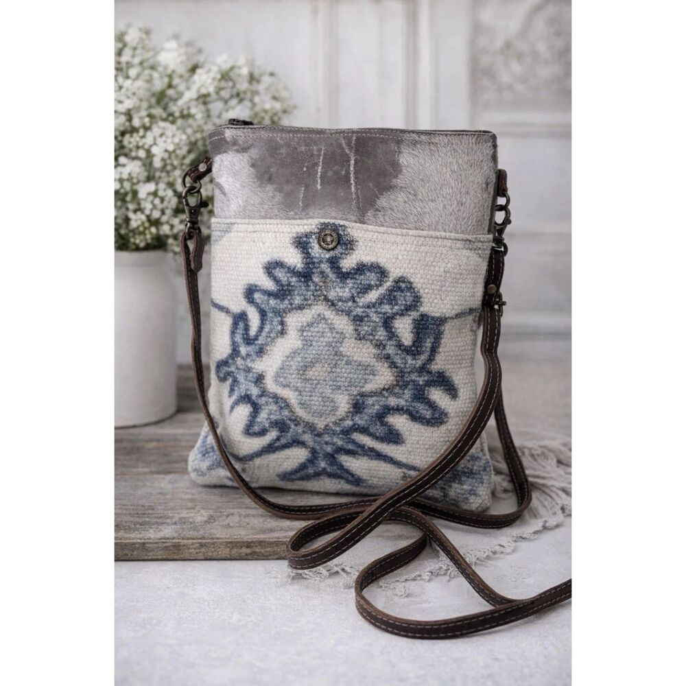 Myra Bag Crossbody Bag tapestry Canvas Cow Hide Leather Southwestern Purse *Read
